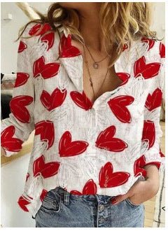 Exclusive Cardigan Stand Collar Printed Shirt — Red Heart — Size S — Top View