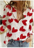 Exclusive Cardigan Stand Collar Printed Shirt — Red Heart — Size S — Top View
