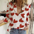 Exclusive Cardigan Stand Collar Printed Shirt — Red Heart — Size S — Front View