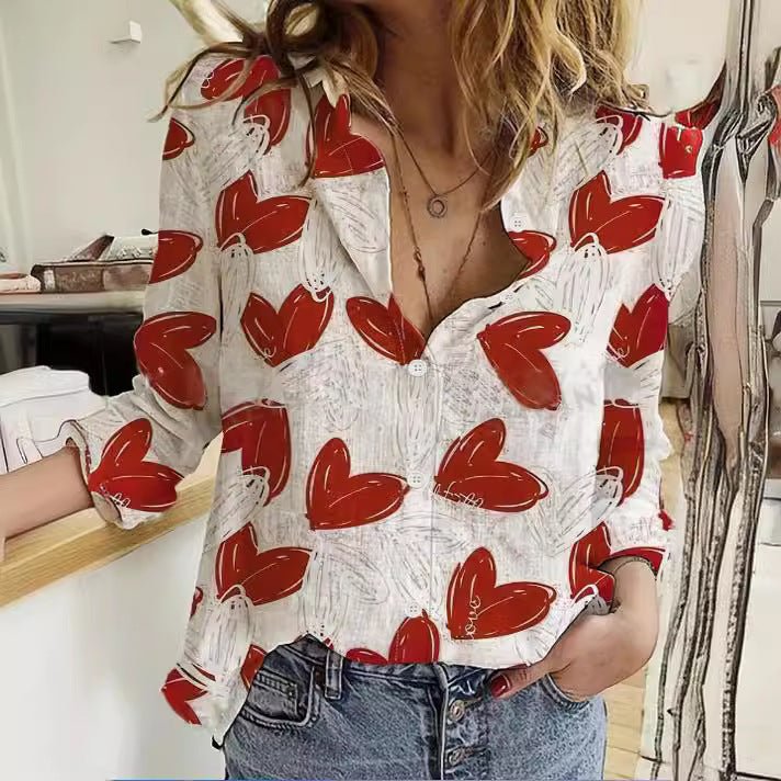 Exclusive Cardigan Stand Collar Printed Shirt — Red Heart — Size S — Front View