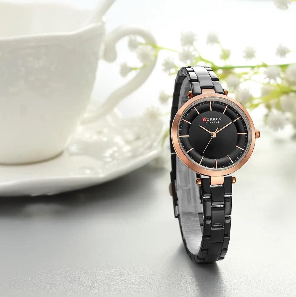 Exclusive Casual Fashion Women's Quartz Watch — Rose Shell Black — Front View