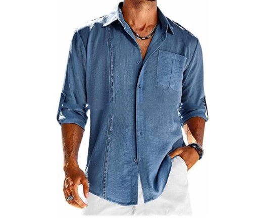 Exclusive Men's Casual Long Sleeve Shirt with Lace Polo Collar — Apricot — Size L — Side View