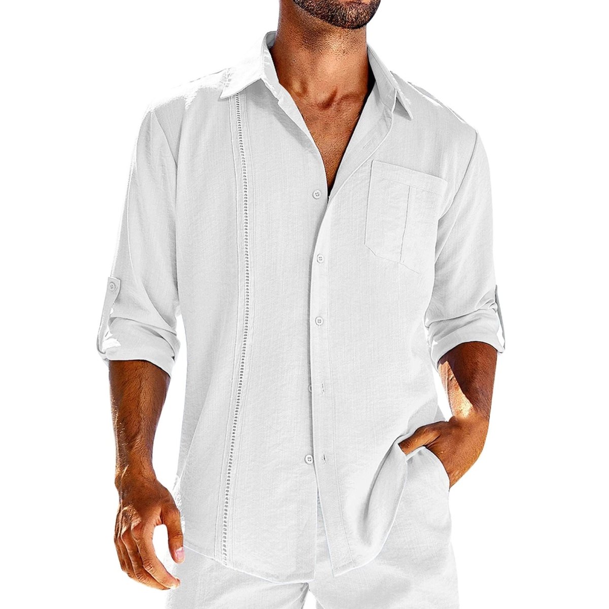 Exclusive Men's Casual Long Sleeve Shirt with Lace Polo Collar — Apricot — Size L — Lifestyle View