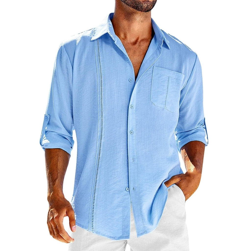 Exclusive Men's Casual Long Sleeve Shirt with Lace Polo Collar — Apricot — Size L — Back View
