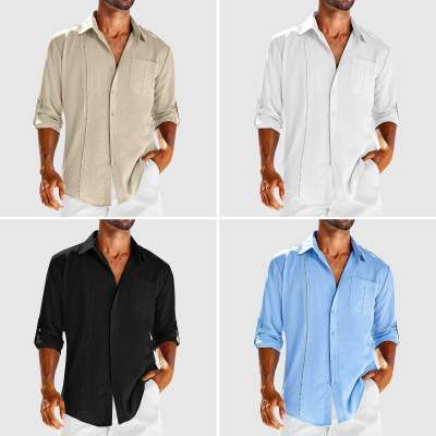 Exclusive Men's Casual Long Sleeve Shirt with Lace Polo Collar — Apricot — Size L — Alternate View 8