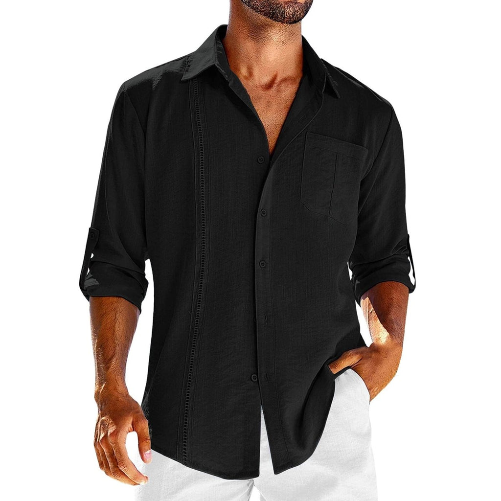 Exclusive Men's Casual Long Sleeve Shirt with Lace Polo Collar — Apricot — Size L — Detail View