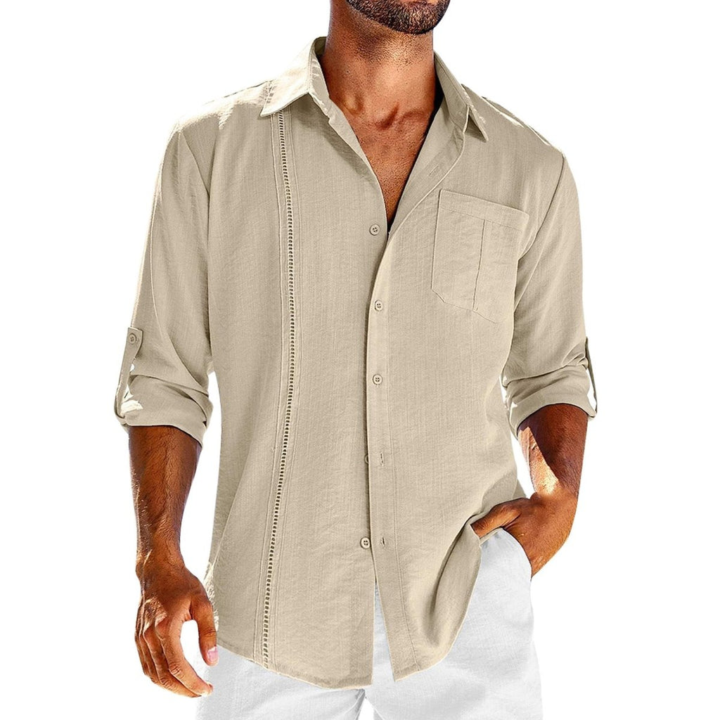 Exclusive Men's Casual Long Sleeve Shirt with Lace Polo Collar — Apricot — Size L — Alternate View 7