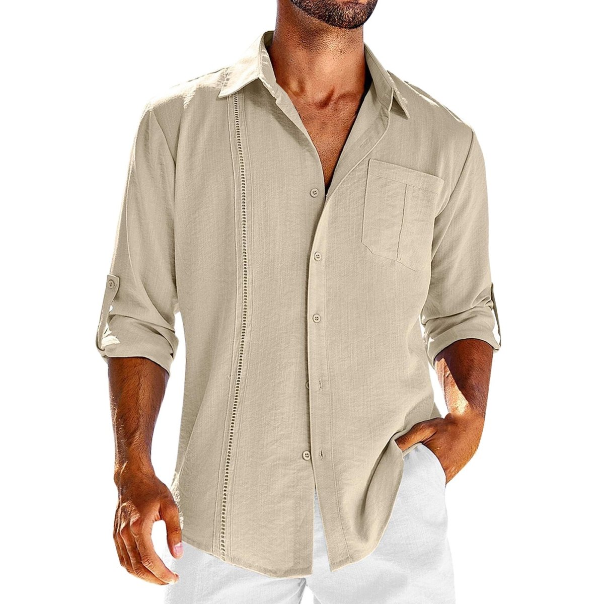 Exclusive Men's Casual Long Sleeve Shirt with Lace Polo Collar — Apricot — Size L — Alternate View 7