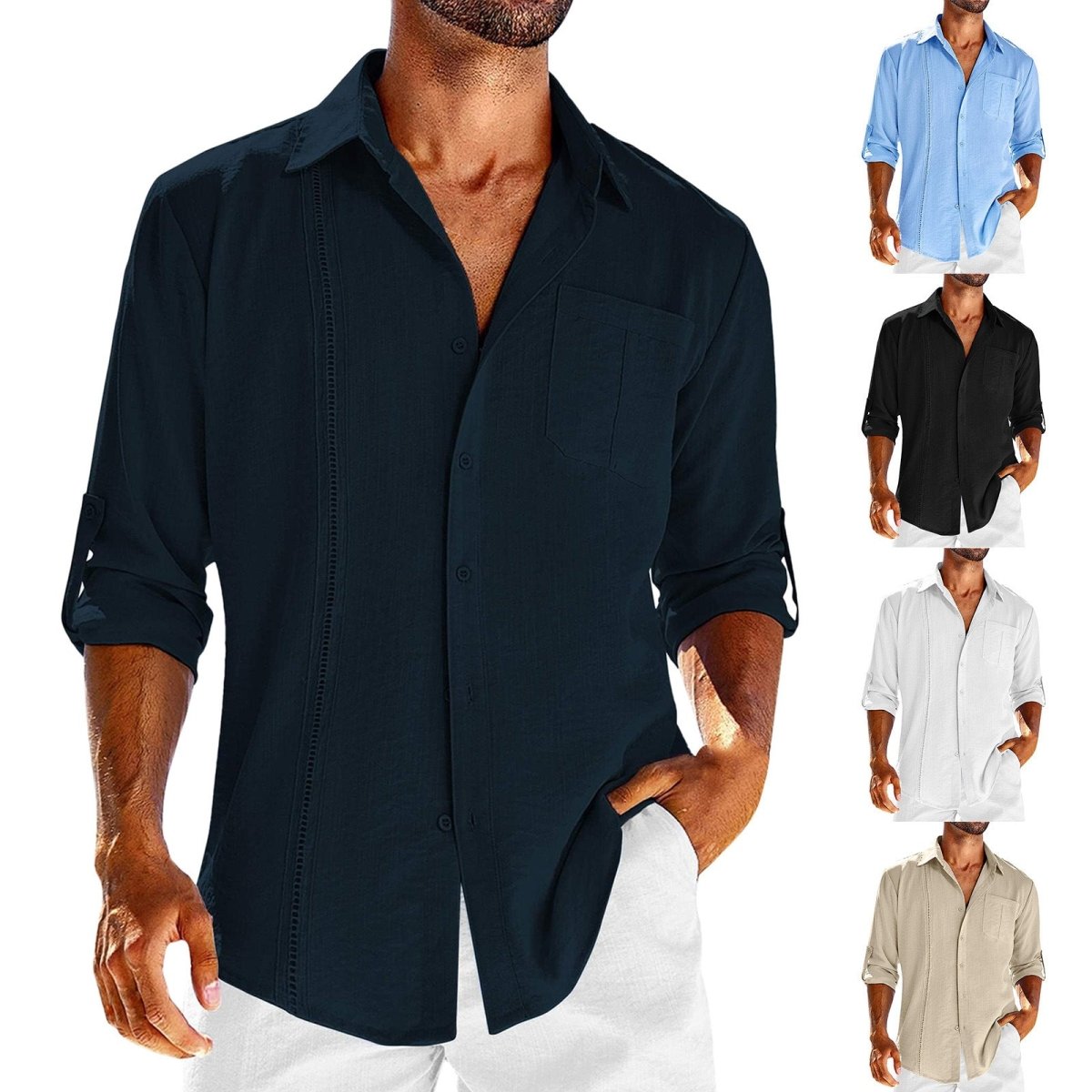Exclusive Men's Casual Long Sleeve Shirt with Lace Polo Collar — Apricot — Size L — Front View