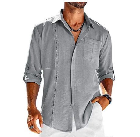 Exclusive Men's Casual Long Sleeve Shirt with Lace Polo Collar — Apricot — Size L — Top View