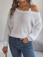 Exclusive Casual Metal Buckle Patchwork Sweater — White — Size S — Side View