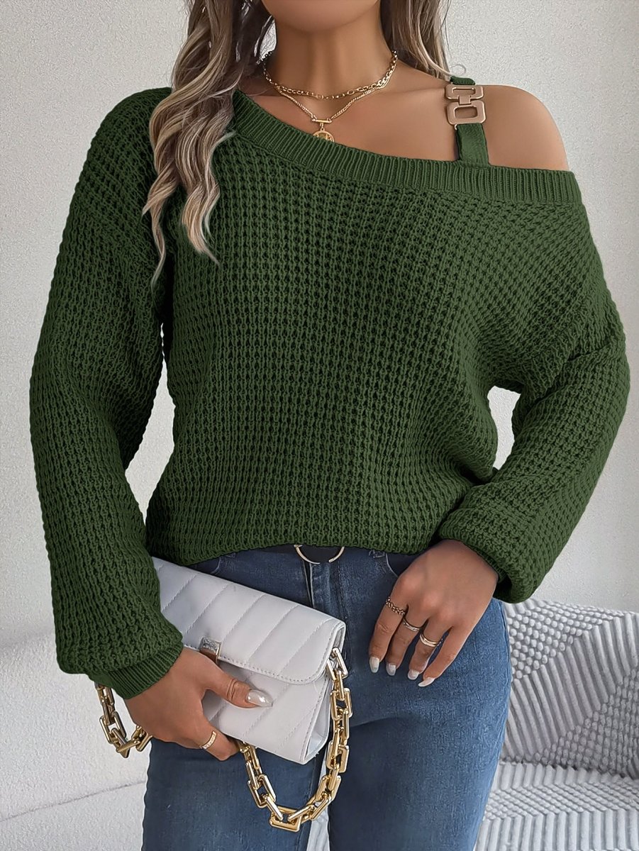 Exclusive Casual Metal Buckle Patchwork Sweater — White — Size S — Lifestyle View