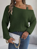 Exclusive Casual Metal Buckle Patchwork Sweater — White — Size S — Lifestyle View