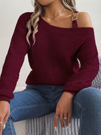 Exclusive Casual Metal Buckle Patchwork Sweater — White — Size S — Detail View