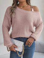 Exclusive Casual Metal Buckle Patchwork Sweater — White — Size S — Top View