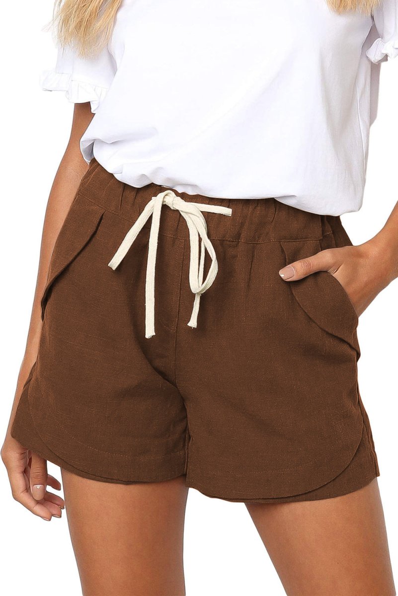 Exclusive Casual Tencel High Waist Tie Loose Wide Leg Short — Khaki — Size S — Front View