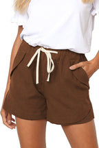 Exclusive Casual Tencel High Waist Tie Loose Wide Leg Short — Khaki — Size S — Front View