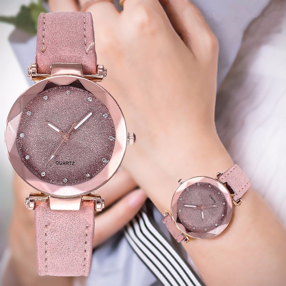 Exclusive Casual Women Romantic Starry Sky Wrist Watch — Red — Front View