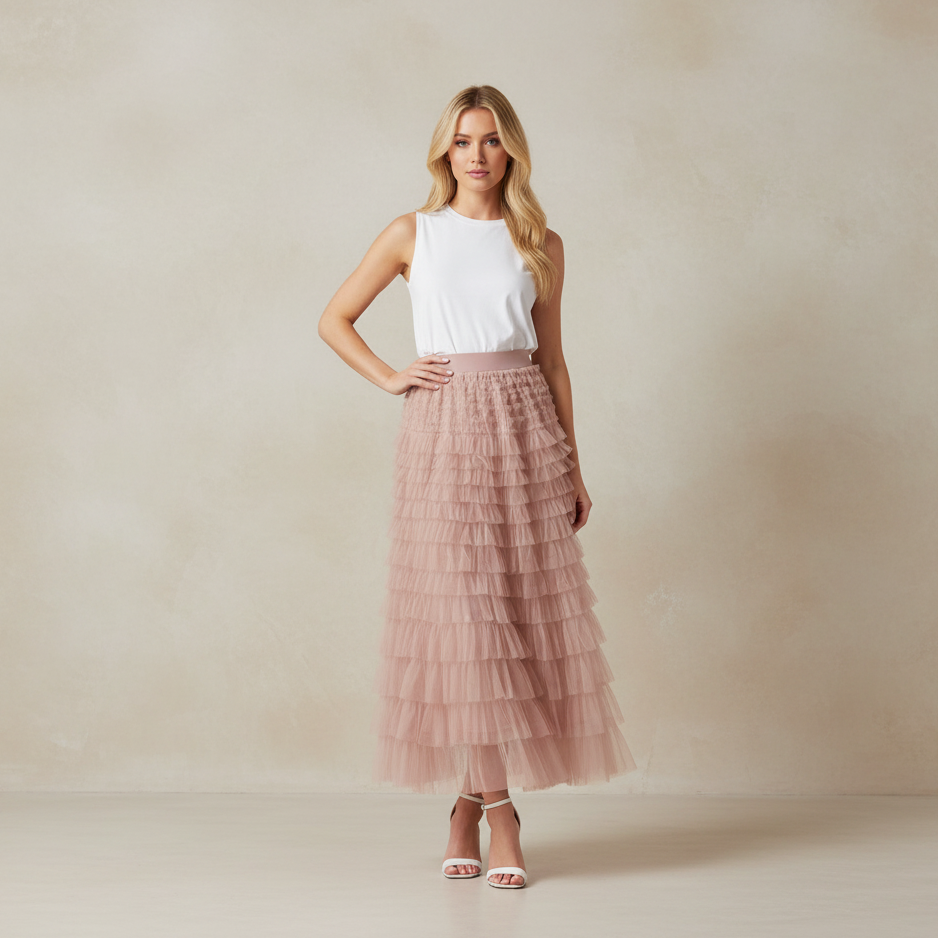 Exclusive Women's Layered Ruffle Mesh Maxi Skirt ? A-Line Tiered Cake Skirt for Party & Summer ? Khaki ? Size S ? Alternate View 12