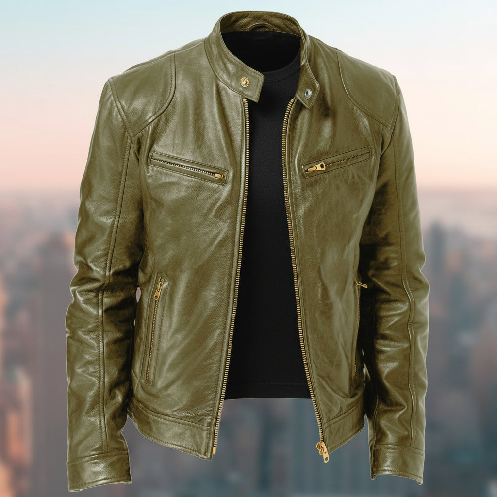 Exclusive Men's PU Leather Jacket ? Zip-Up Cardigan Style with Patch Pockets ? Khaki ? Size S ? Alternate View 8