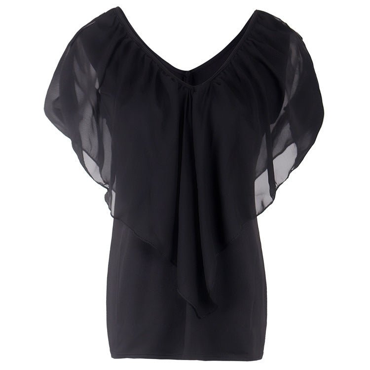 Exclusive Chiffon Bat Sleeve Stitching T-Shirt Top — Green — Size XXL — Back View
