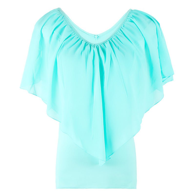 Exclusive Chiffon Bat Sleeve Stitching T-Shirt Top — Green — Size XXL — Top View
