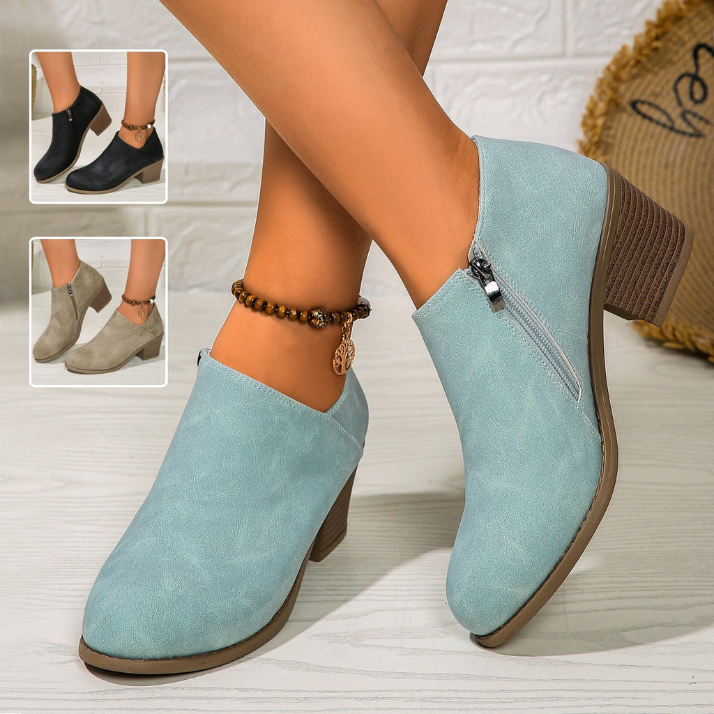 Exclusive Chunky Heel Round Toe Ankle Boots — Blue — Size 36. — Front View