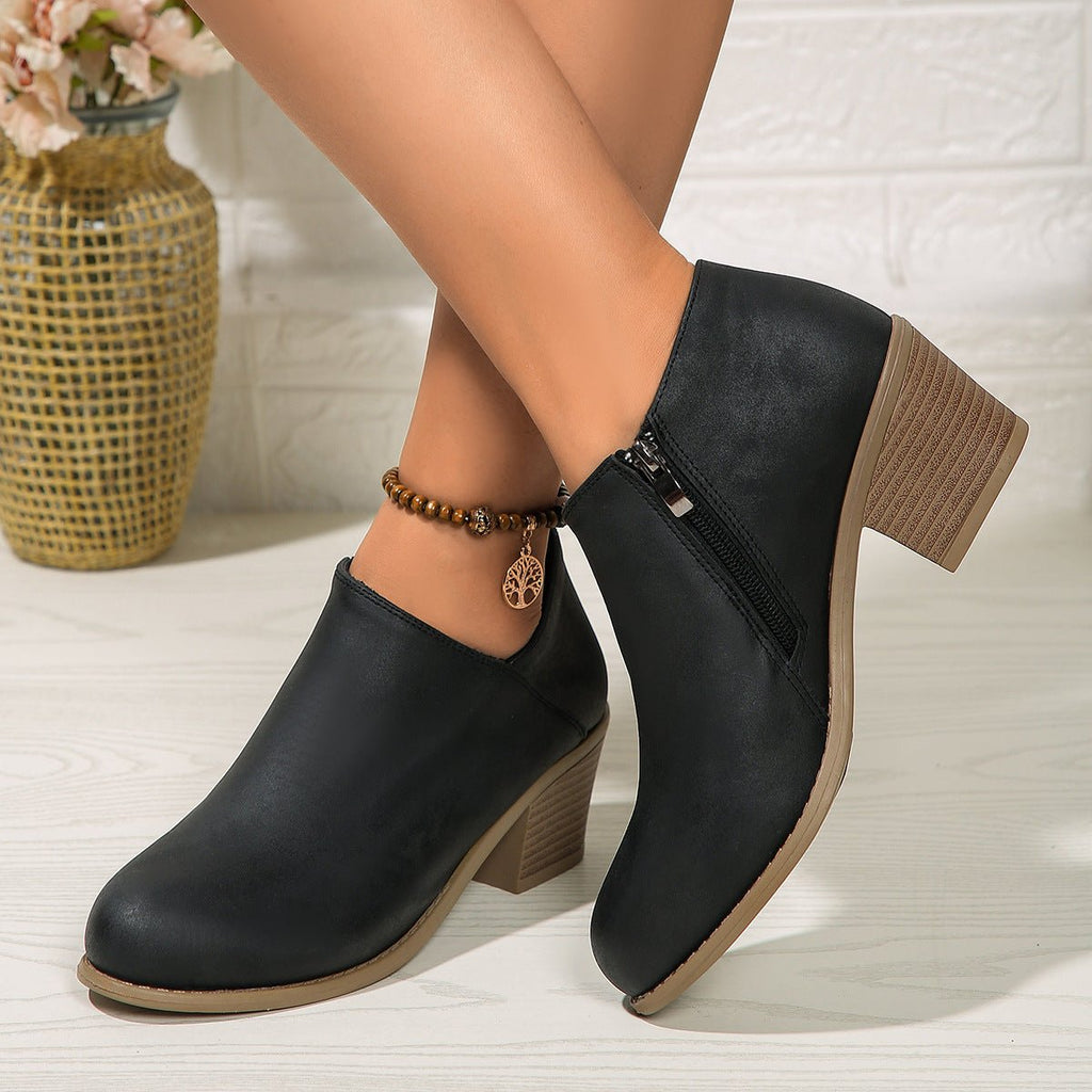 Exclusive Chunky Heel Round Toe Ankle Boots — Blue — Size 36. — Detail View