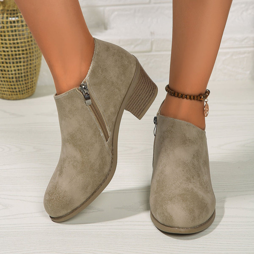 Exclusive Chunky Heel Round Toe Ankle Boots — Blue — Size 36. — Top View