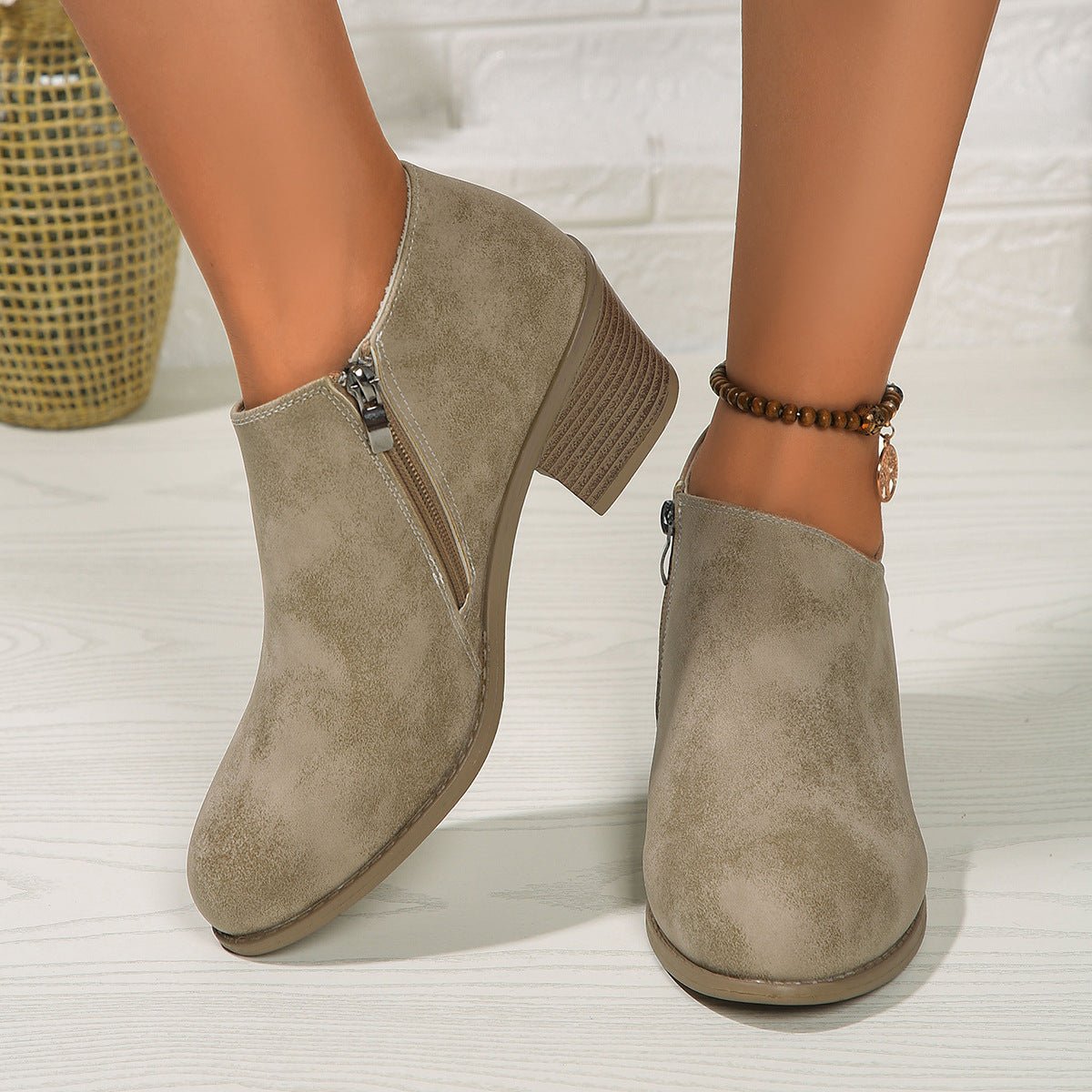 Exclusive Chunky Heel Round Toe Ankle Boots — Blue — Size 36. — Top View