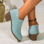 Exclusive Chunky Heel Round Toe Ankle Boots — Blue — Size 36. — Side View