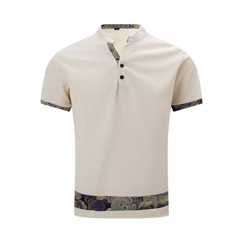 Exclusive Color Stitching Stand-collar Short Sleeve Button Fashion — White — Size S — Top View