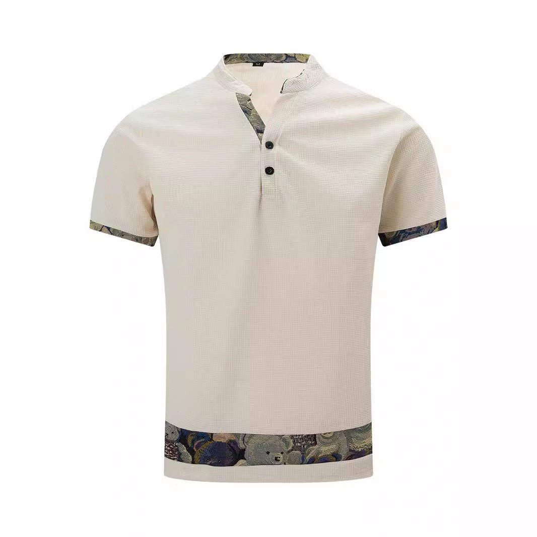 Exclusive Color Stitching Stand-collar Short Sleeve Button Fashion — White — Size S — Top View