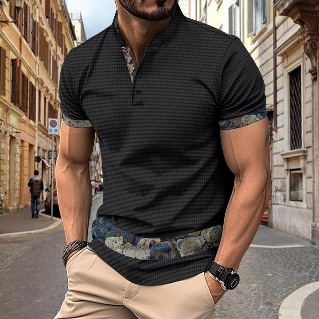 Exclusive Color Stitching Stand-collar Short Sleeve Button Fashion — White — Size S — Side View