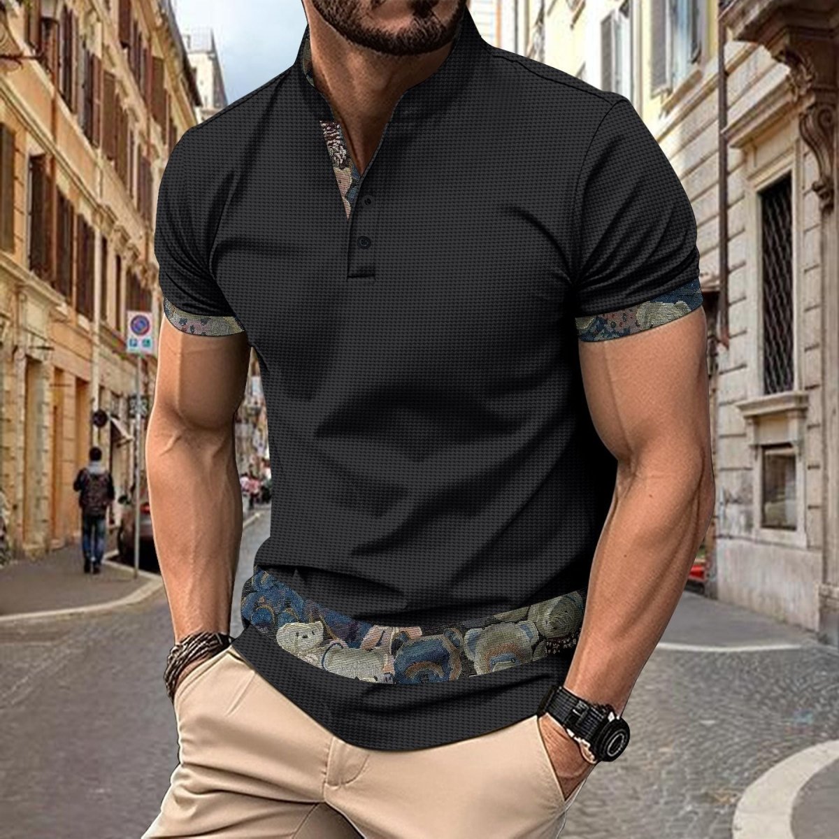 Exclusive Color Stitching Stand-collar Short Sleeve Button Fashion — White — Size S — Side View