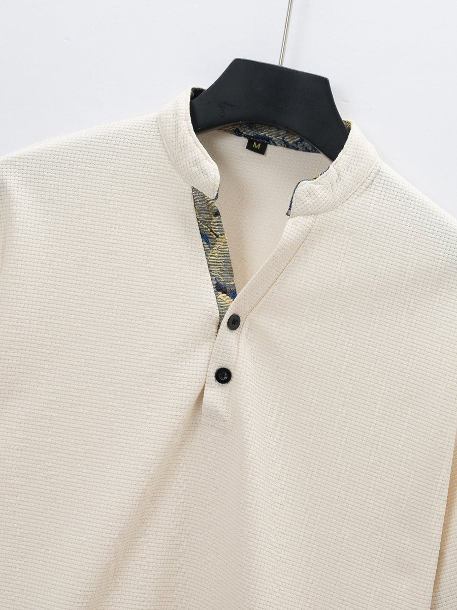Exclusive Color Stitching Stand-collar Short Sleeve Button Fashion — White — Size S — Alternate View 13