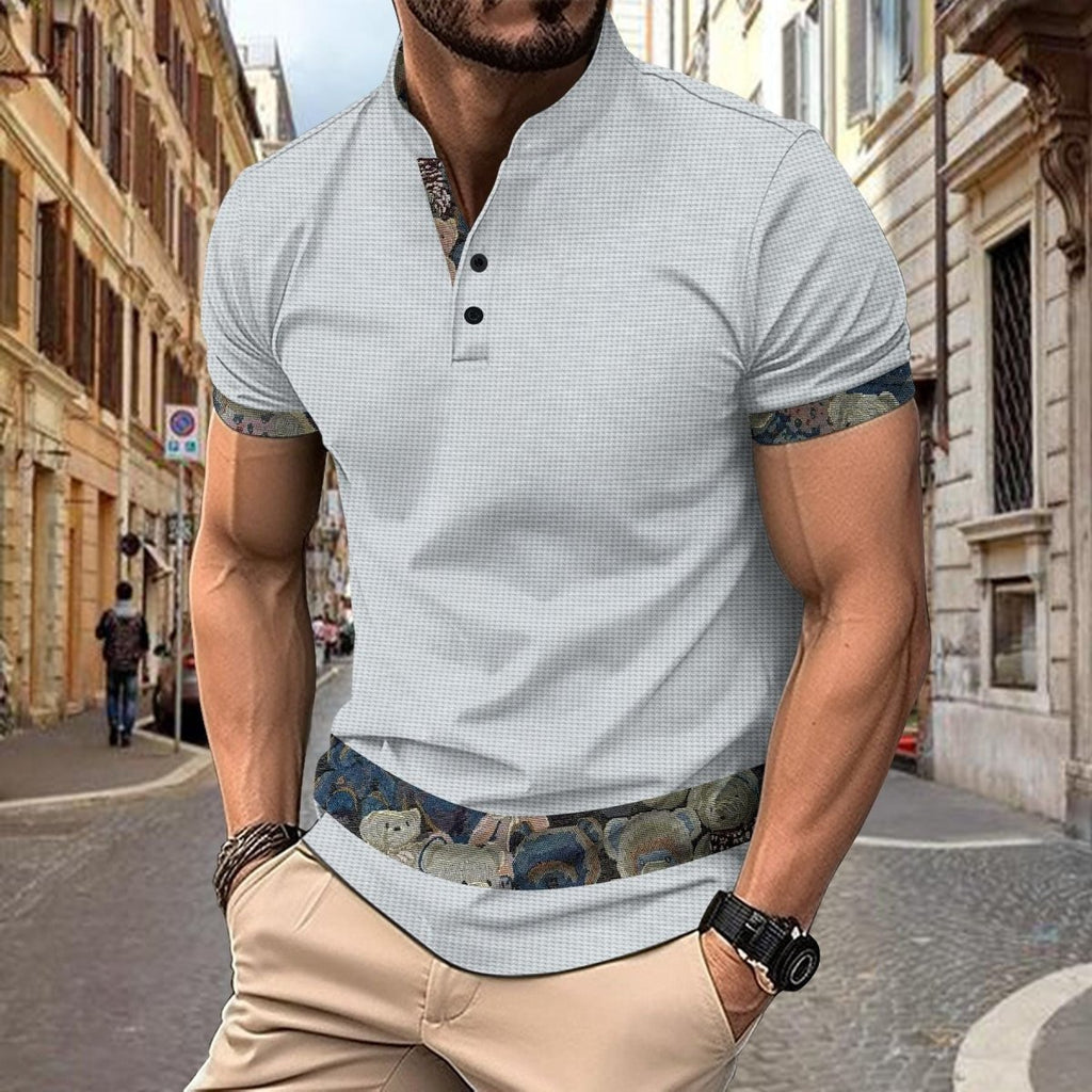 Exclusive Color Stitching Stand-collar Short Sleeve Button Fashion — White — Size S — Back View