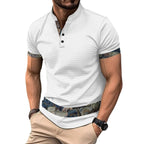 Exclusive Color Stitching Stand-collar Short Sleeve Button Fashion — White — Size S — Detail View