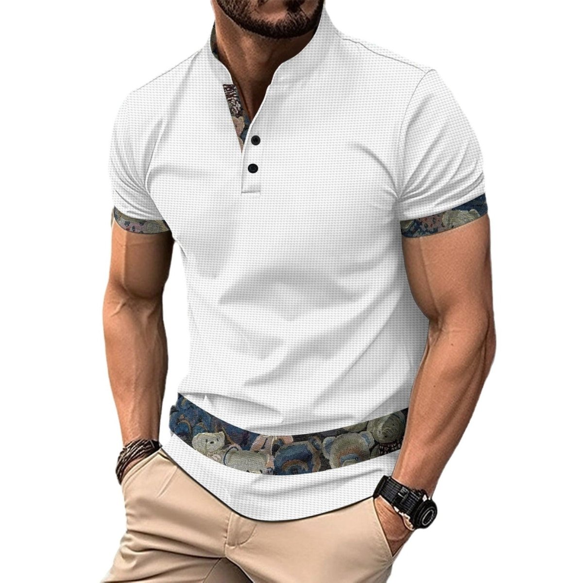 Exclusive Color Stitching Stand-collar Short Sleeve Button Fashion — White — Size S — Detail View