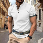 Exclusive Color Stitching Stand-collar Short Sleeve Button Fashion — White — Size S — Lifestyle View