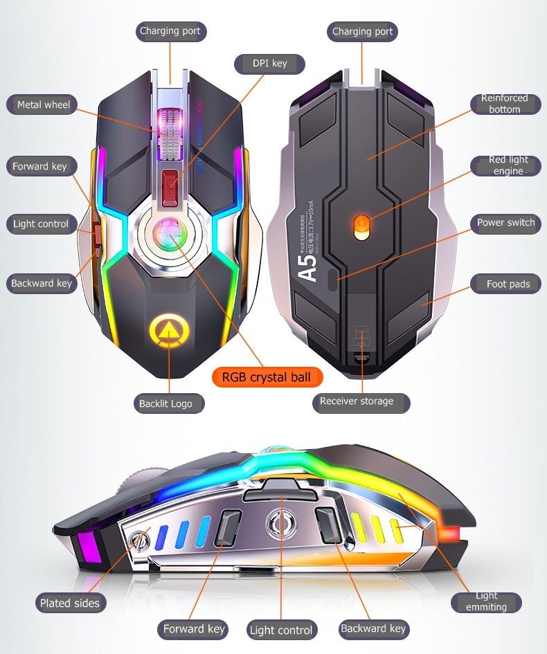 Exclusive Color Wireless Gaming RGB Rechargeable Mute Button Mouse — Grey — Side View
