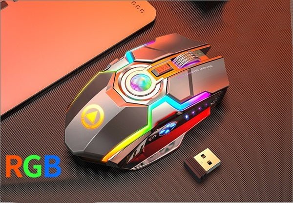 Exclusive Color Wireless Gaming RGB Rechargeable Mute Button Mouse — Grey — Lifestyle View