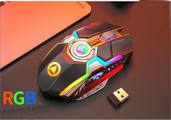 Exclusive Color Wireless Gaming RGB Rechargeable Mute Button Mouse — Grey — Detail View