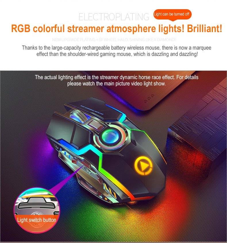 Exclusive Color Wireless Gaming RGB Rechargeable Mute Button Mouse — Grey — Alternate View 11