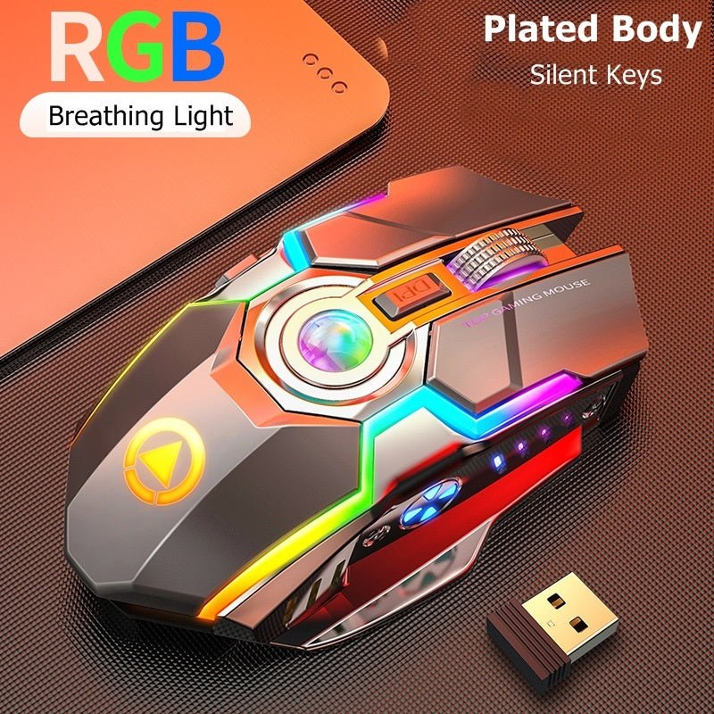 Exclusive Color Wireless Gaming RGB Rechargeable Mute Button Mouse — Grey — Front View