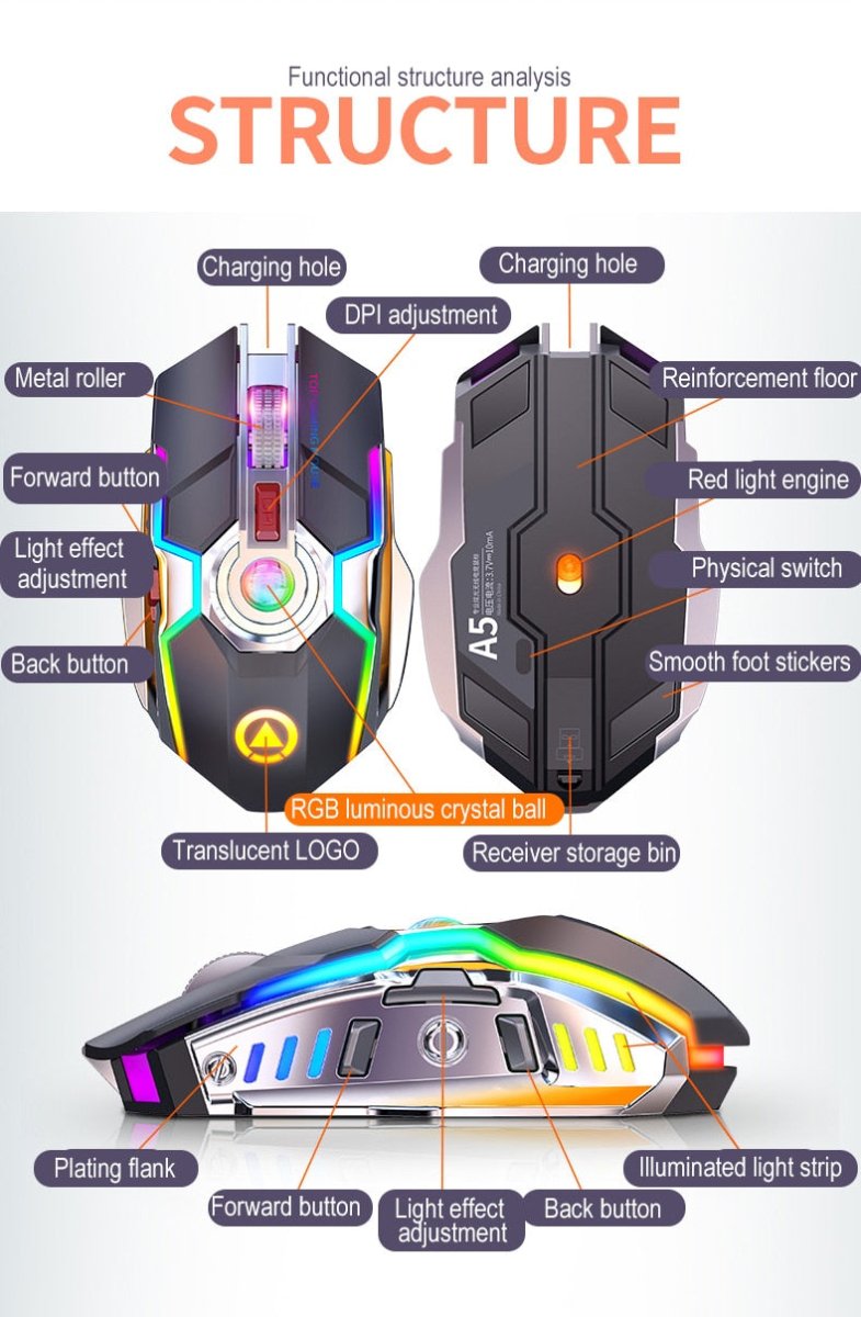 Exclusive Color Wireless Gaming RGB Rechargeable Mute Button Mouse — Grey — Alternate View 12