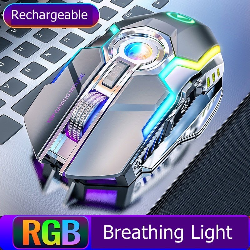 Exclusive Color Wireless Gaming RGB Rechargeable Mute Button Mouse — Grey — Back View