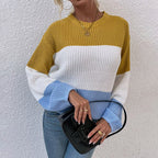 Exclusive Contrast Color Sweater Lantern Sleeve Pullover — Pink — Size S — Back View