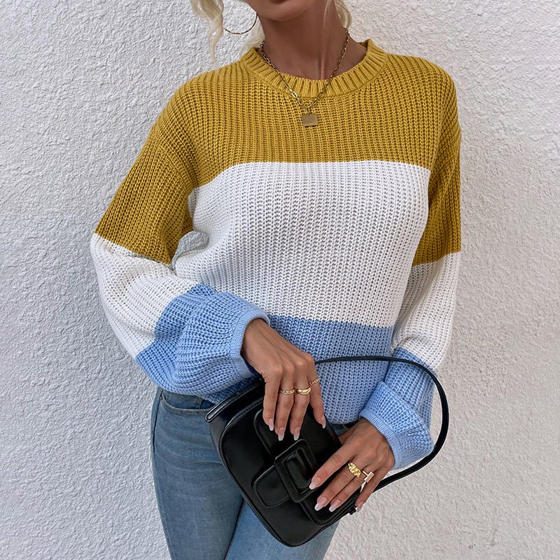 Exclusive Contrast Color Sweater Lantern Sleeve Pullover — Pink — Size S — Back View