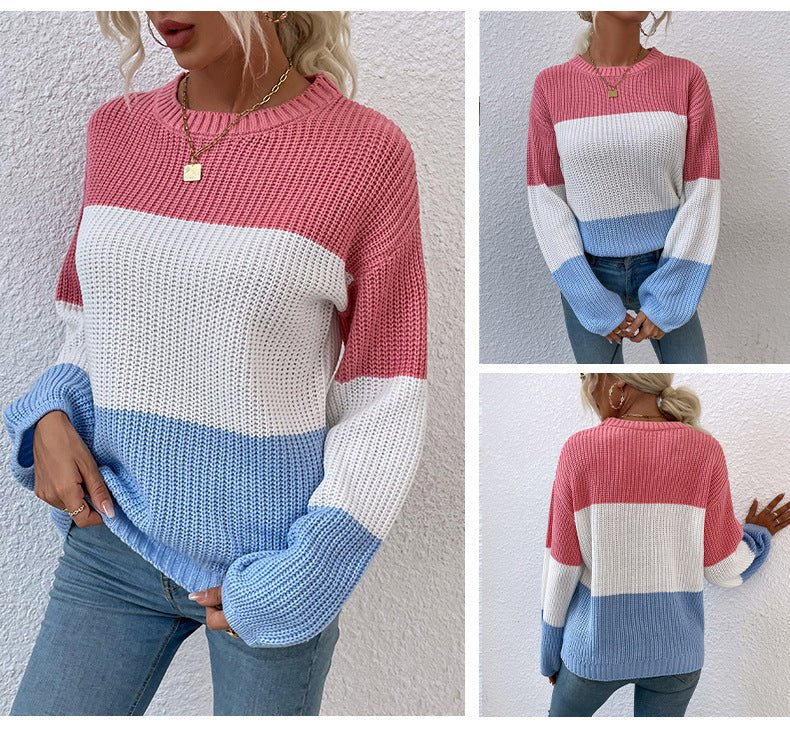 Exclusive Contrast Color Sweater Lantern Sleeve Pullover — Pink — Size S — Alternate View 10